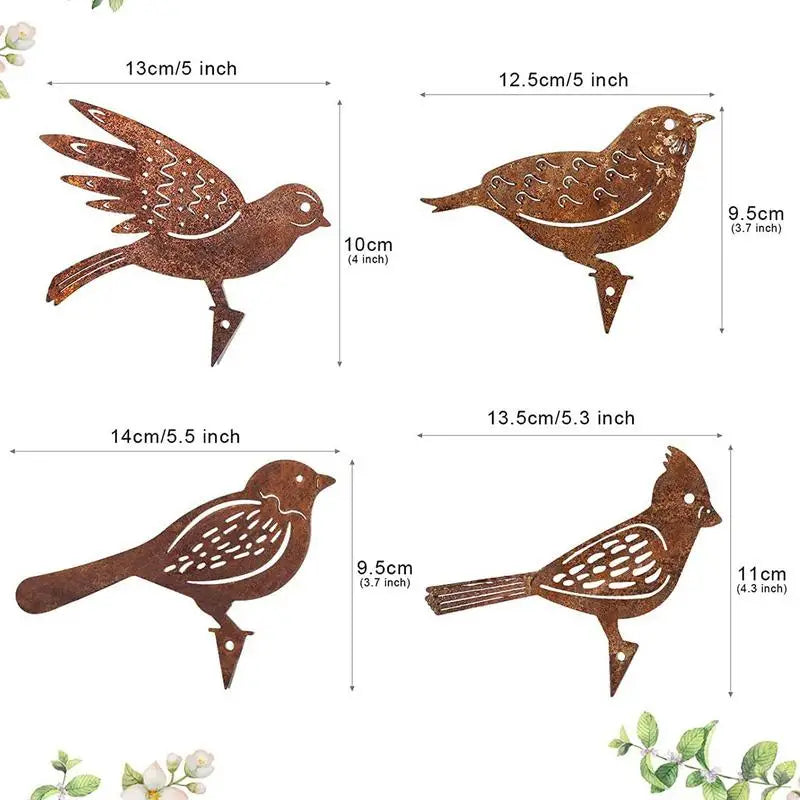 4pcs Rusty Metal Bird Silhouettes Garden Fence Decor