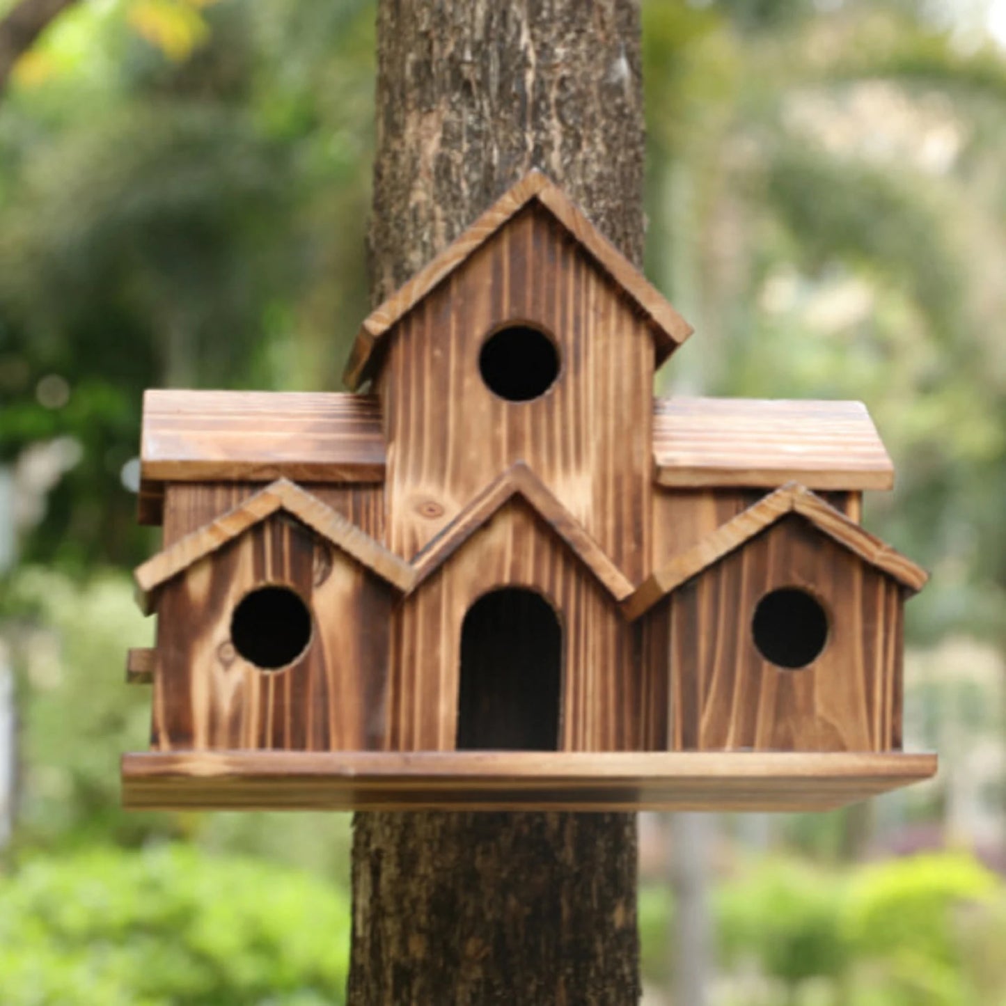 Wooden Bird House 6 Hole Handmade Natural Bird House