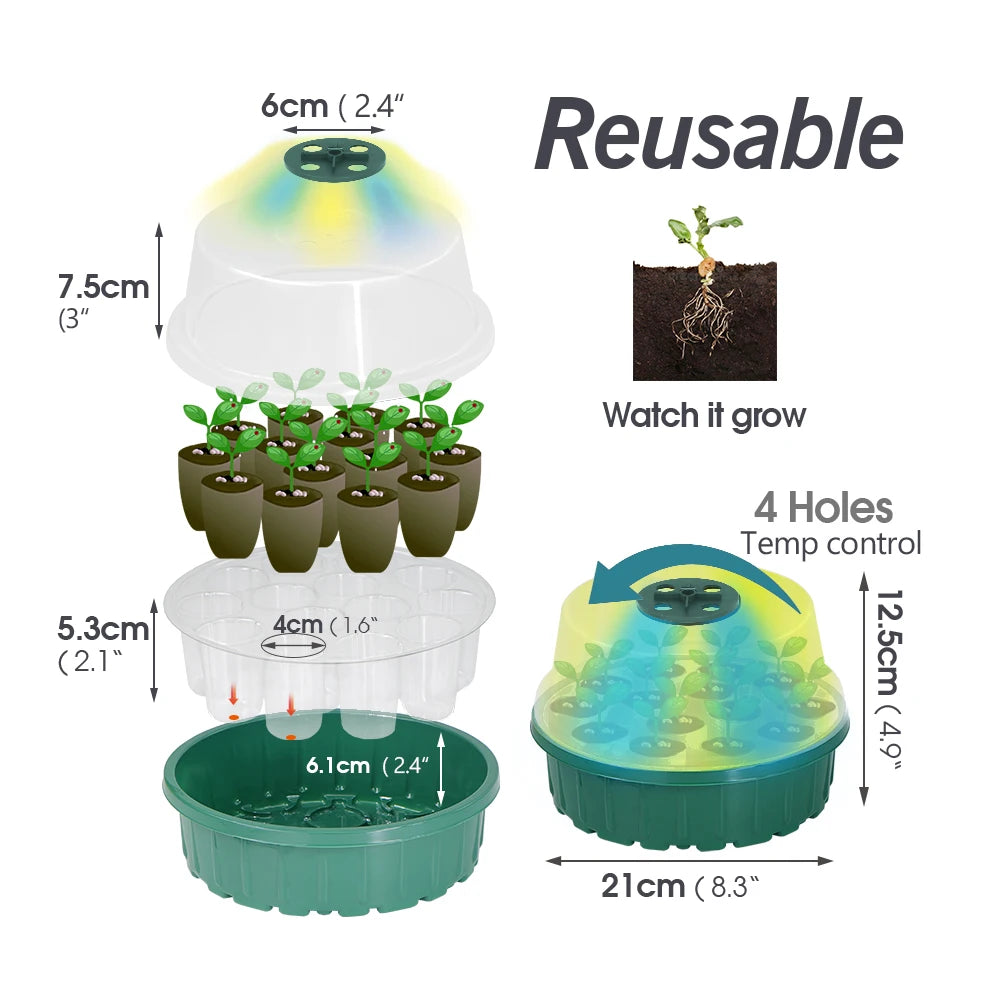 25W Plant Warm Heating Pad with Round Seed Starter Tray Germination Box with LED Grow Light Greenhouse