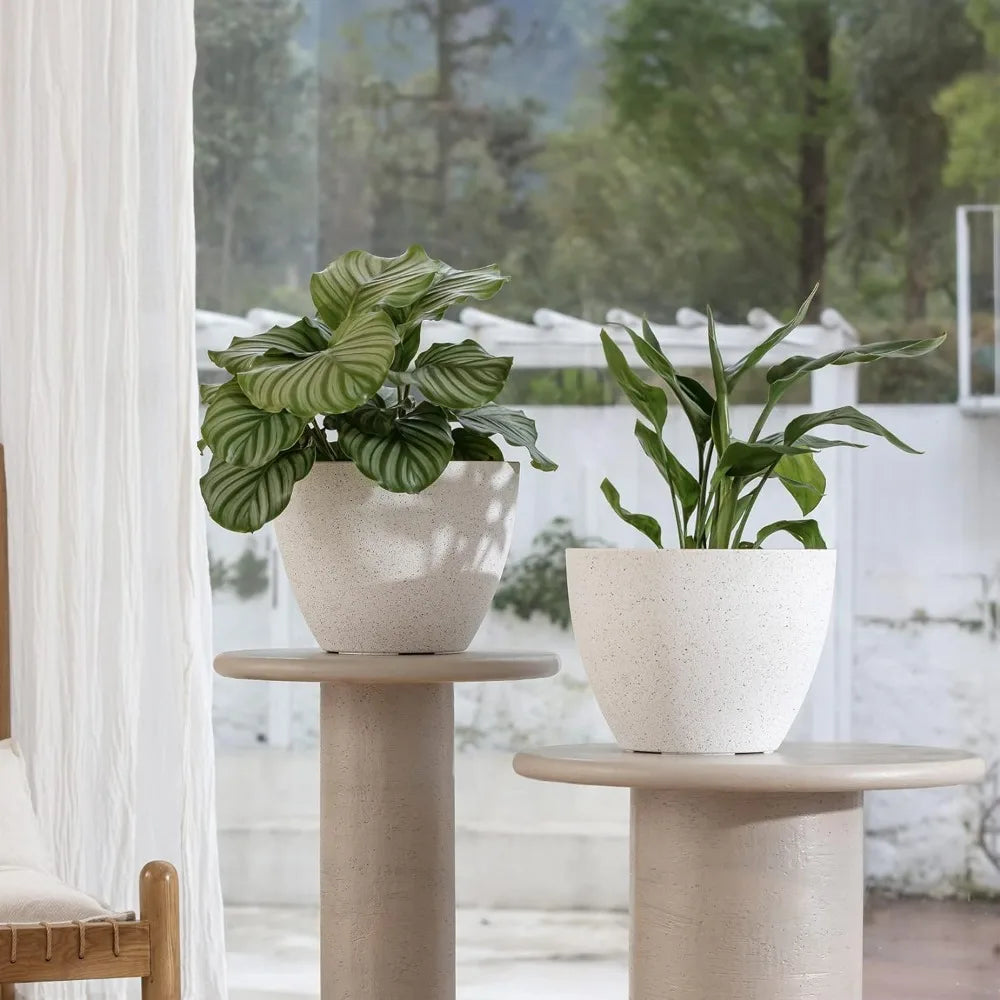 Flower Pots Outdoor Indoor Planter - 11.3 inch Speckled White, Set Of 2
