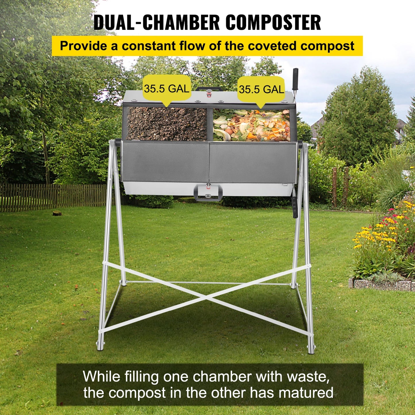 Compost Bin Stainless Steel Dual-Chamber Garden Composter